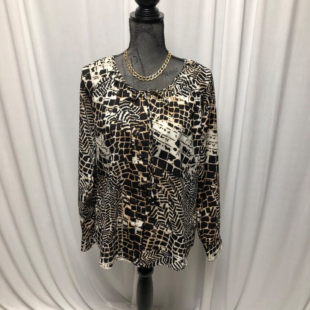 Milano Blouse Womens Size Small Black Brown Animal Print Long Sleeve Buttons NEW